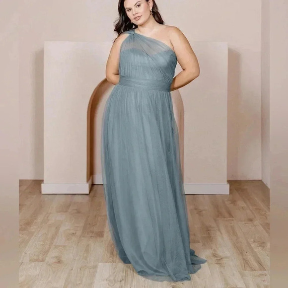Revelry Belle Tulle Blue Gray Maxi Bridesmaid Wedding Dress One Shoulder Formal - Picture 1 of 15